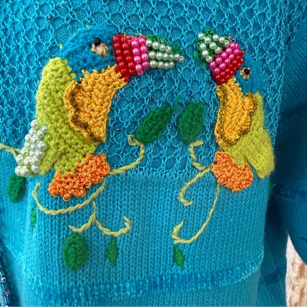 Berek Blue Art to Wear Hand Knitted Embellished Cardigan Sweater Rare Large VTG - Picture 7 of 16